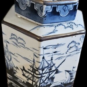 Vintage Andrea By Sadek Blue and White Nautical Tea Canister Ginger Jar, Cap